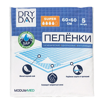 Пеленка гигиенические одноразовые впитывающие Dry Day Super 60 x 60 см, 5 шт
