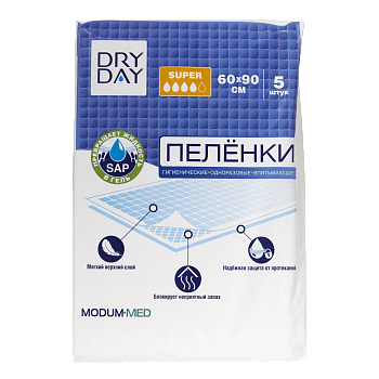 Пеленка гигиенические одноразовые впитывающие Dry Day Super 60 x 90 см, 5 шт